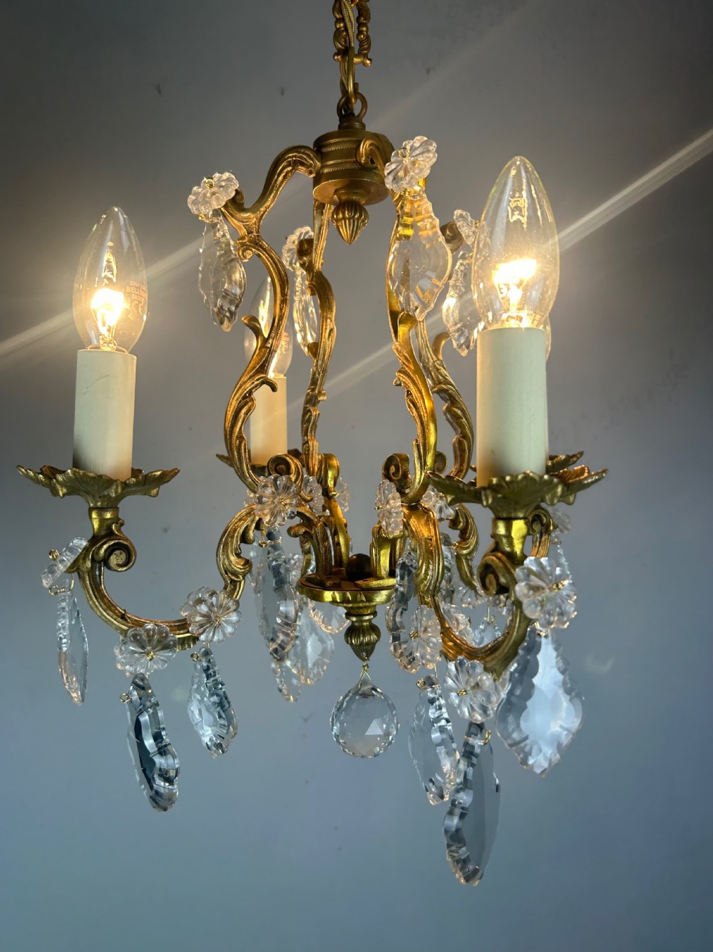 Small French Gilt Brass 4 Light Birdcage Chandelier View V