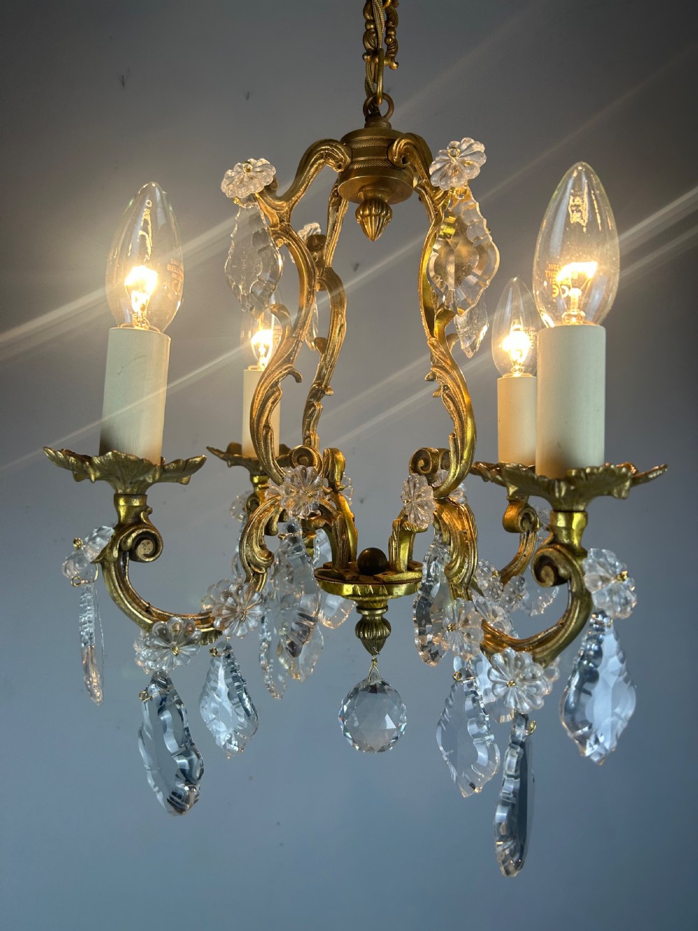 Small French Gilt Brass 4 Light Birdcage Chandelier View VI