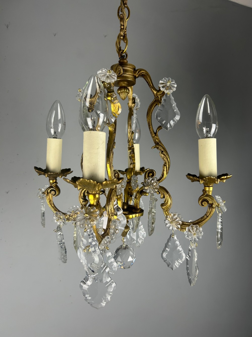 Small French Gilt Brass 4 Light Birdcage Chandelier View VII