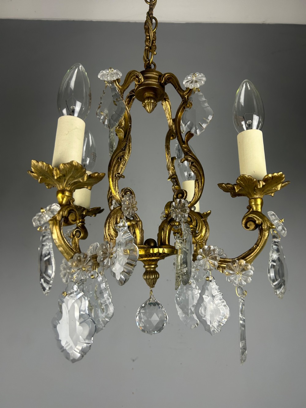 Small French Gilt Brass 4 Light Birdcage Chandelier View IX