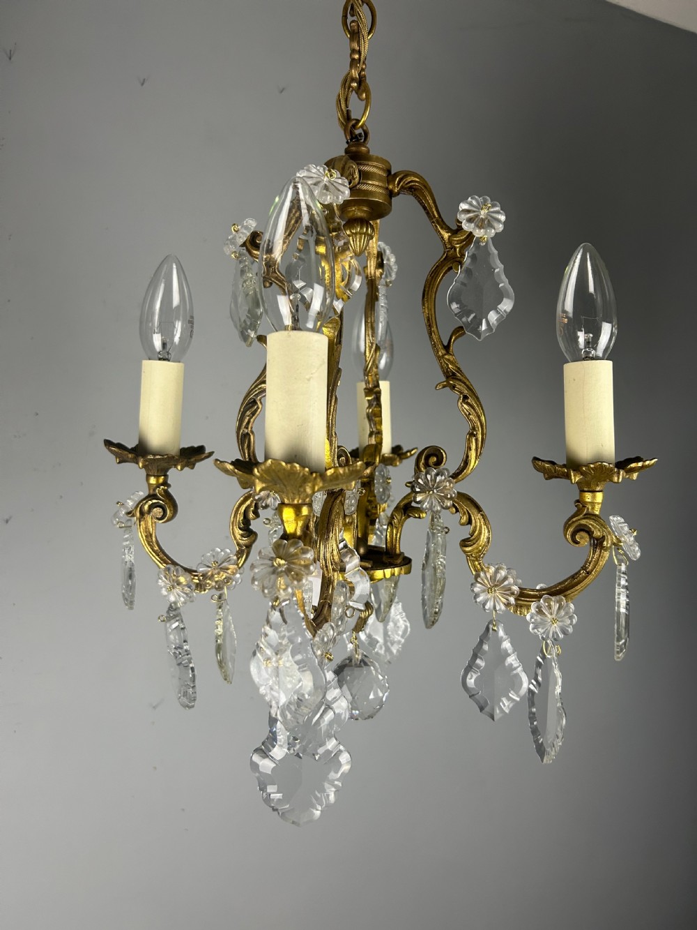 Small French Gilt Brass 4 Light Birdcage Chandelier View XI
