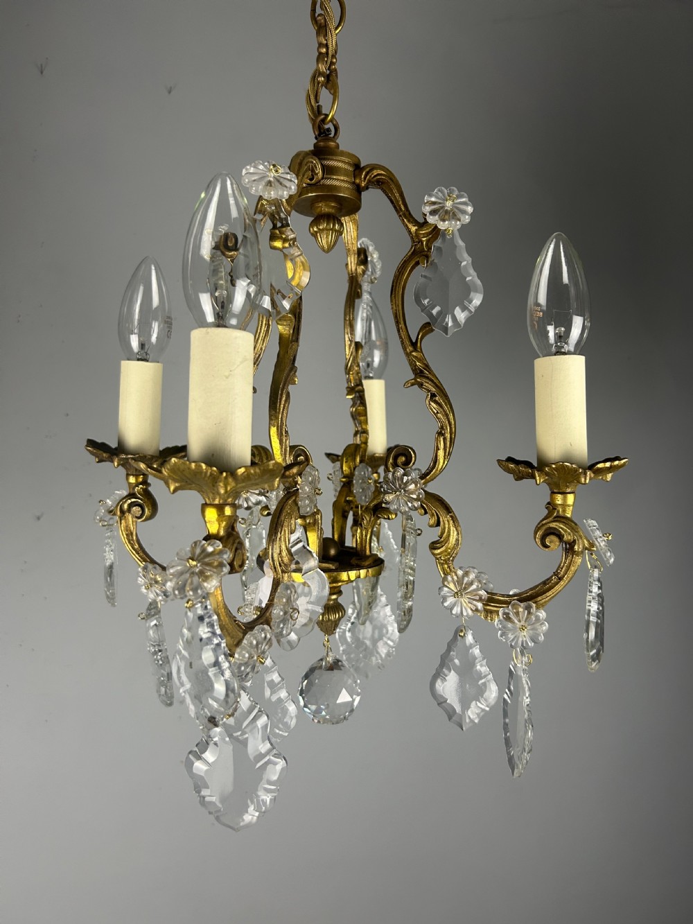 Small French Gilt Brass 4 Light Birdcage Chandelier View XII