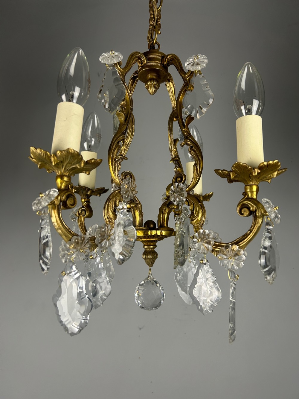 Small French Gilt Brass 4 Light Birdcage Chandelier View XIV