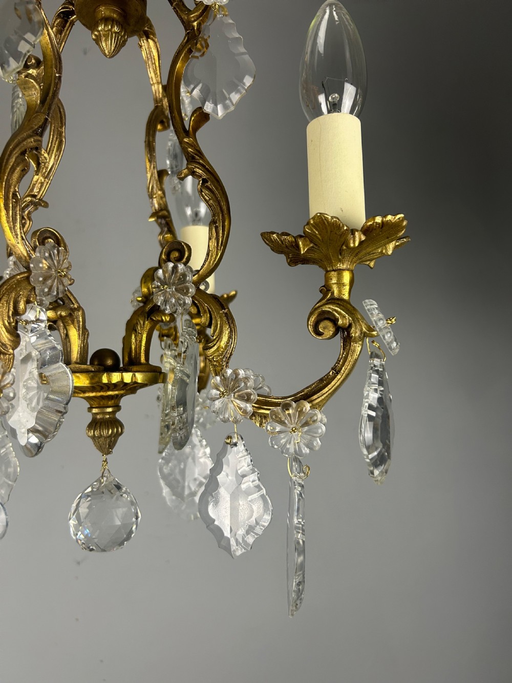 Small French Gilt Brass 4 Light Birdcage Chandelier View XV