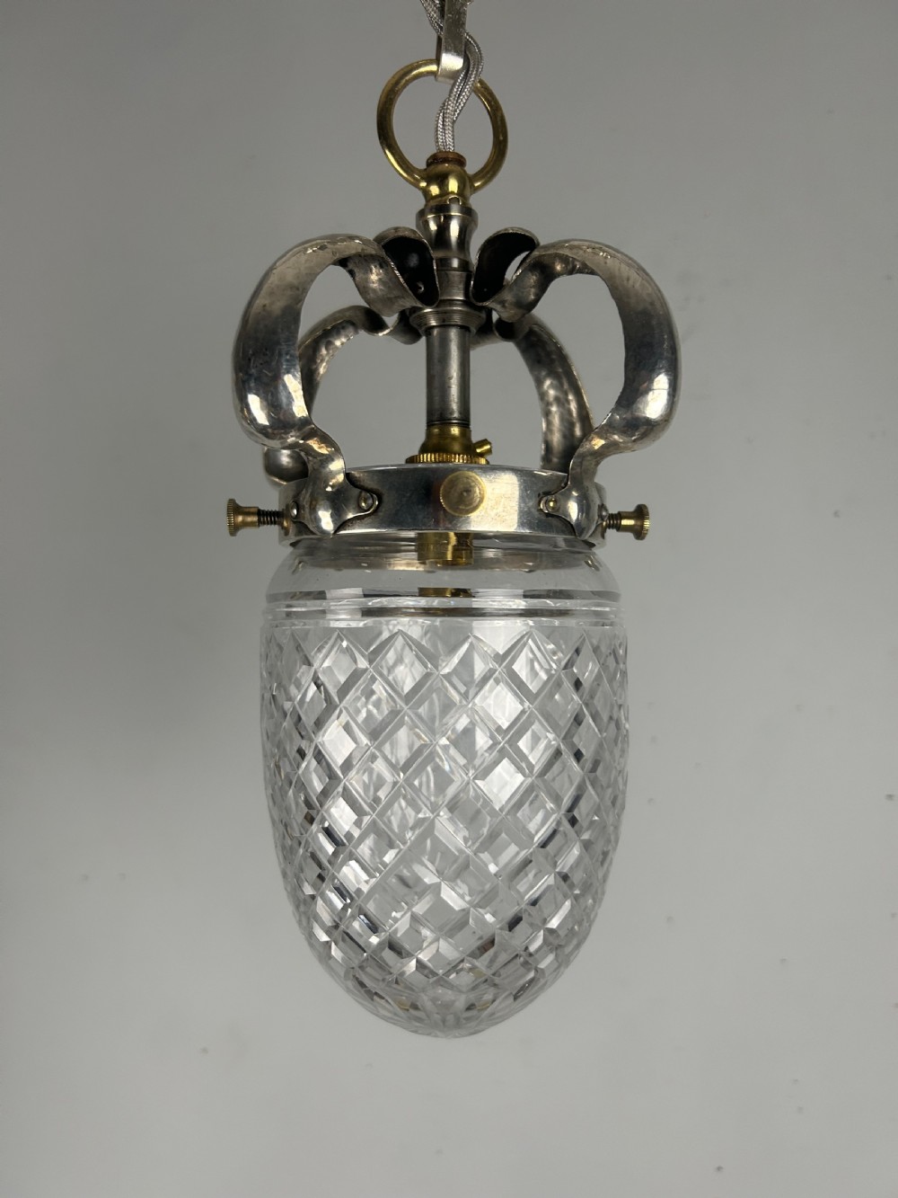 English Arts & Crafts Silver Plated Pendant Ceiling Light, Original Shade