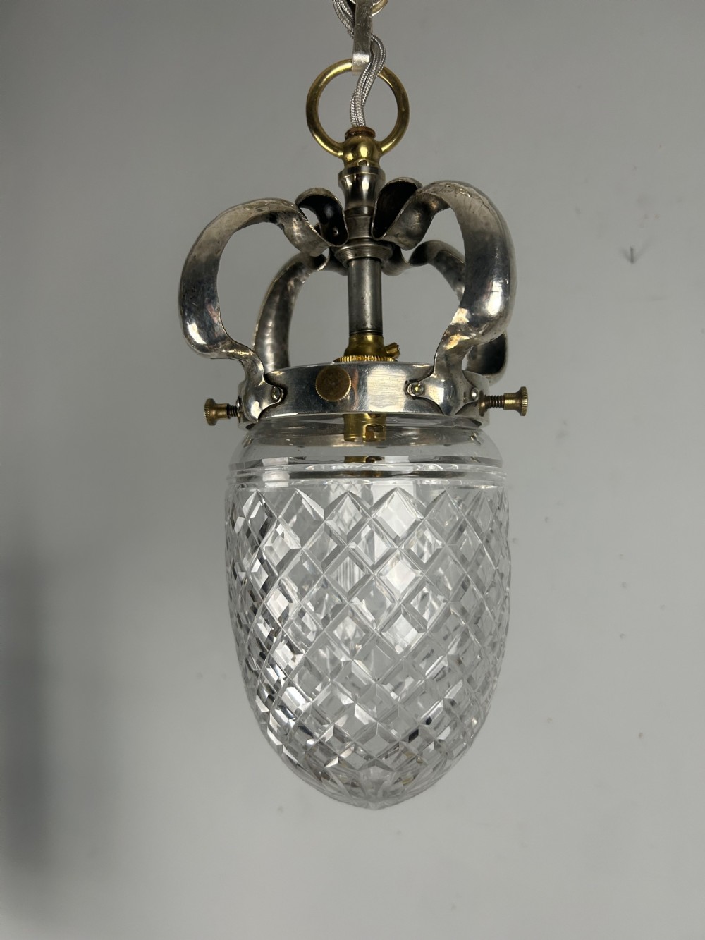 English Arts & Crafts Silver Plated Pendant Ceiling Light, Original Shade View II