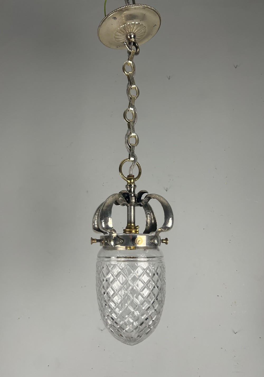 English Arts & Crafts Silver Plated Pendant Ceiling Light, Original Shade View III