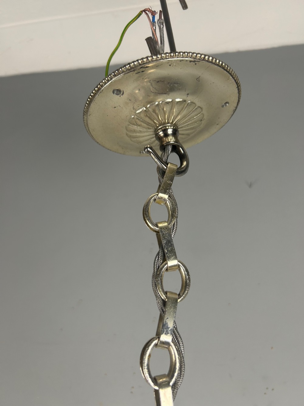 English Arts & Crafts Silver Plated Pendant Ceiling Light, Original Shade View IV