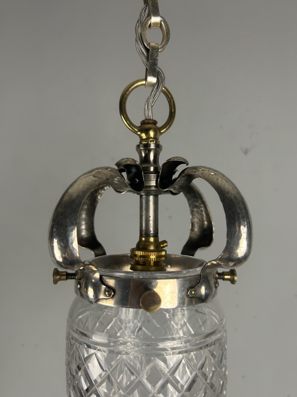 English Arts & Crafts Silver Plated Pendant Ceiling Light, Original Shade View V