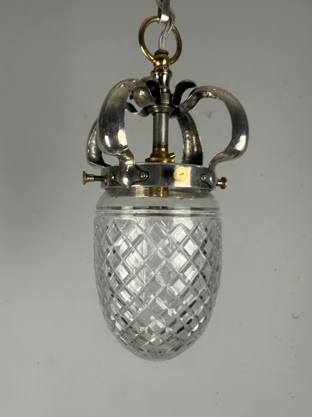 English Arts & Crafts Silver Plated Pendant Ceiling Light, Original Shade View VI