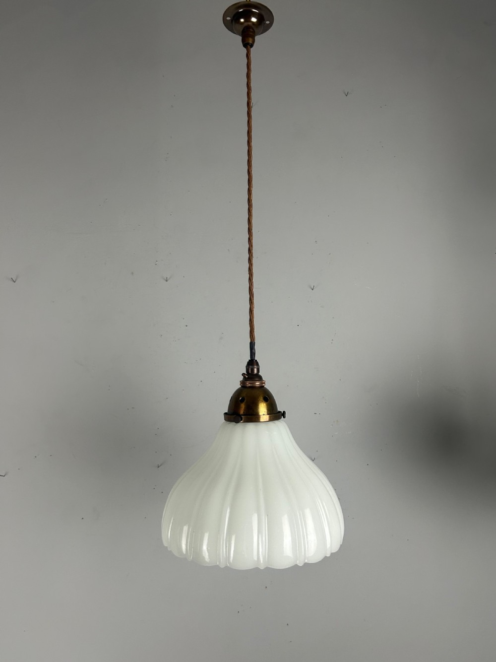 Edwardian Moonstone Glass Shade Pendant Ceiling Light With Aged Brass Gallery View II