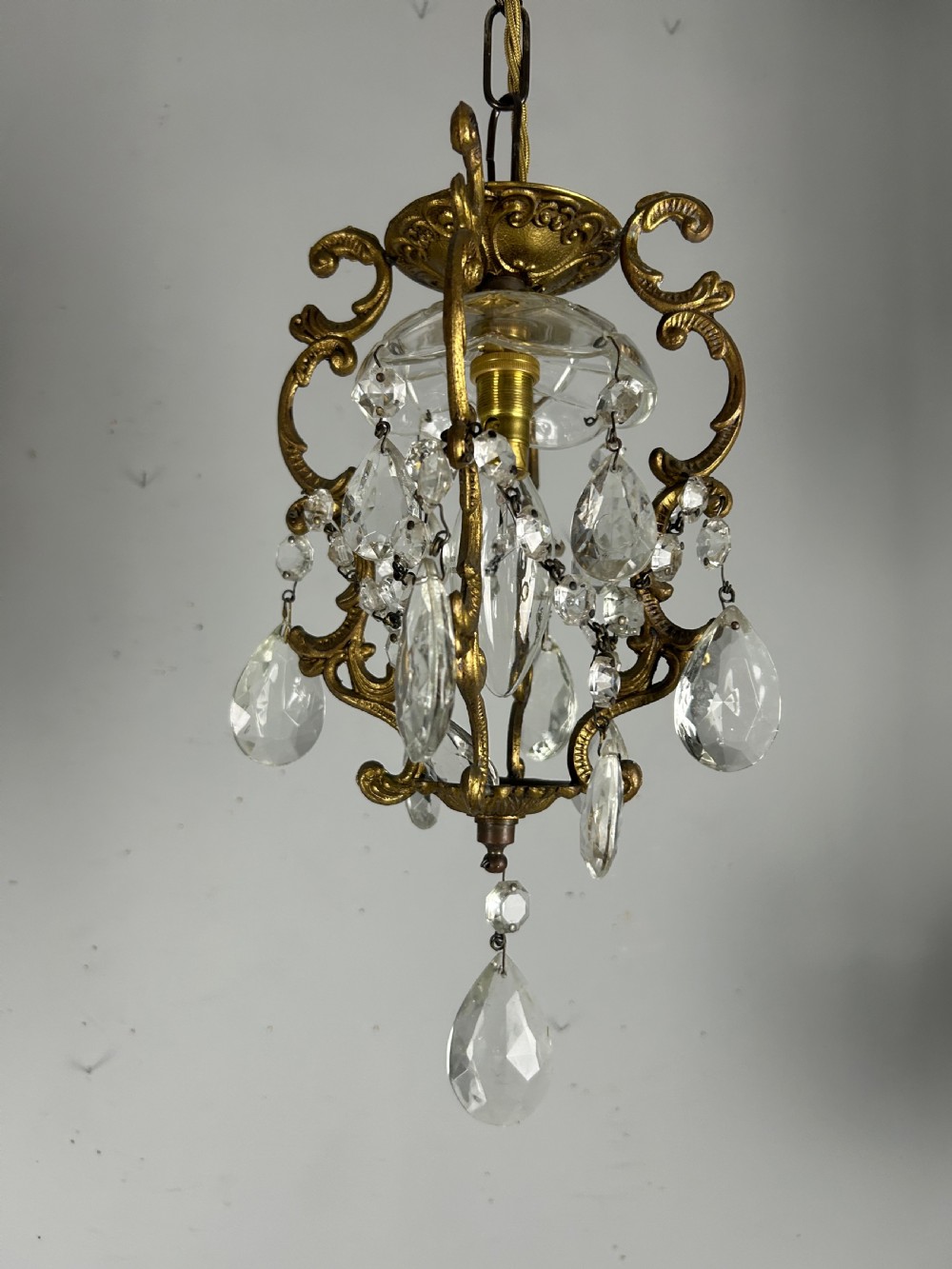 French Single Light Gilt Brass Chandelier, Ceiling Light 