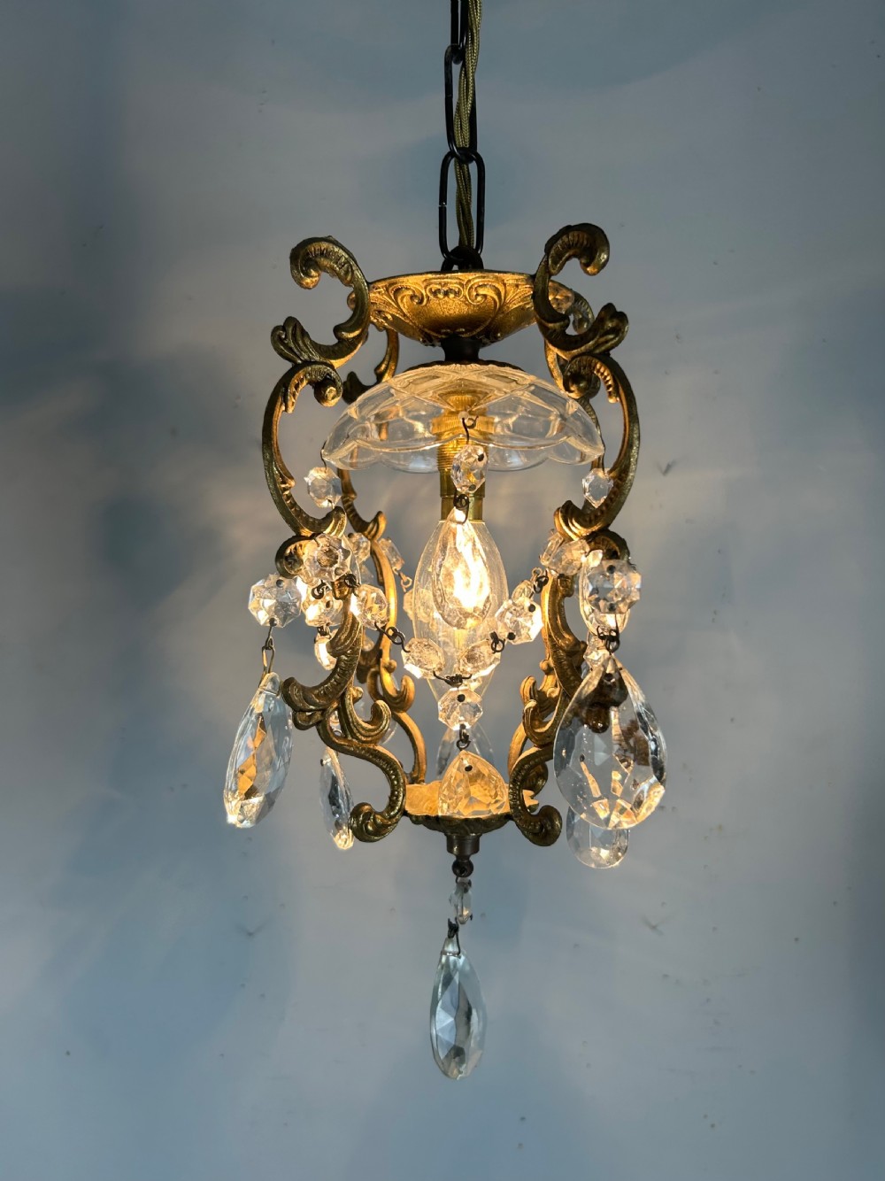 French Single Light Gilt Brass Chandelier, Ceiling Light  View III