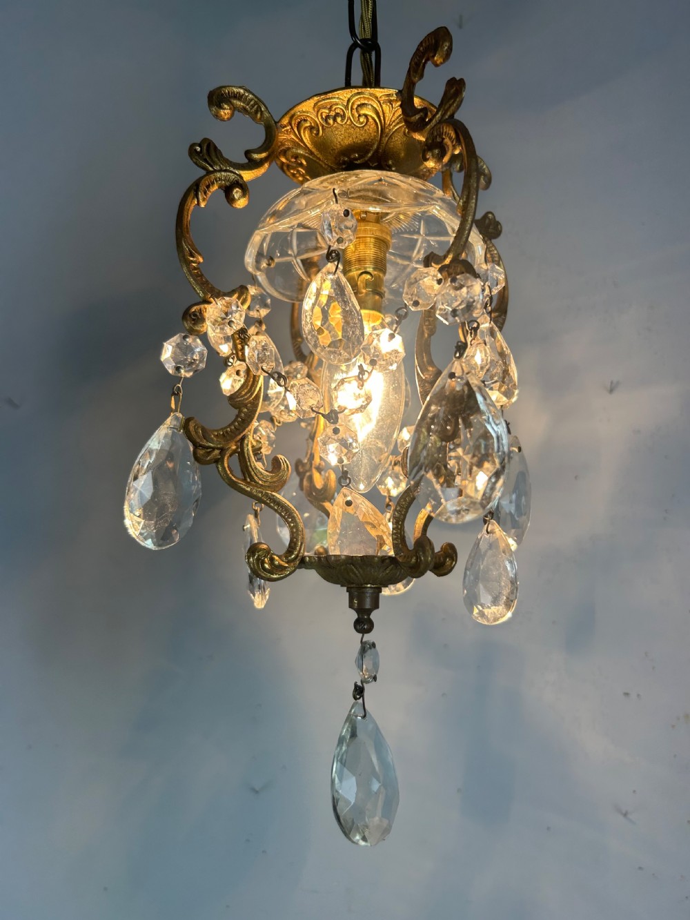French Single Light Gilt Brass Chandelier, Ceiling Light  View IV