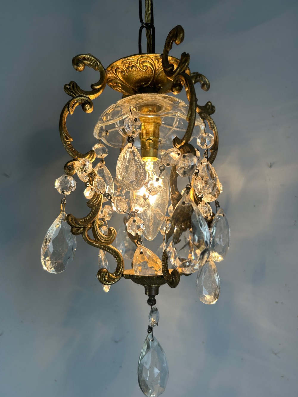 French Single Light Gilt Brass Chandelier, Ceiling Light  View V