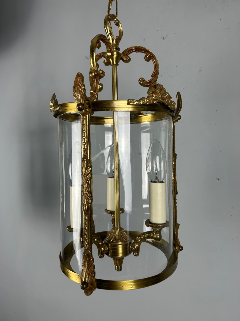 French Gilded Brass Triple Light Antique Lantern