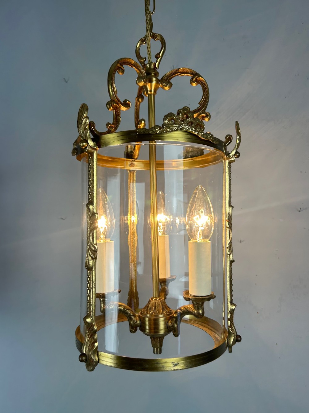 French Gilded Brass Triple Light Antique Lantern View II