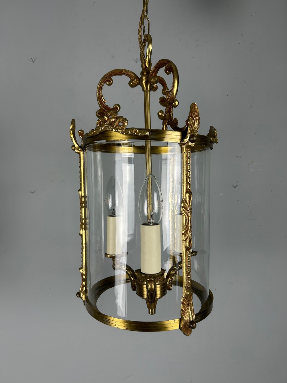 French Gilded Brass Triple Light Antique Lantern View X