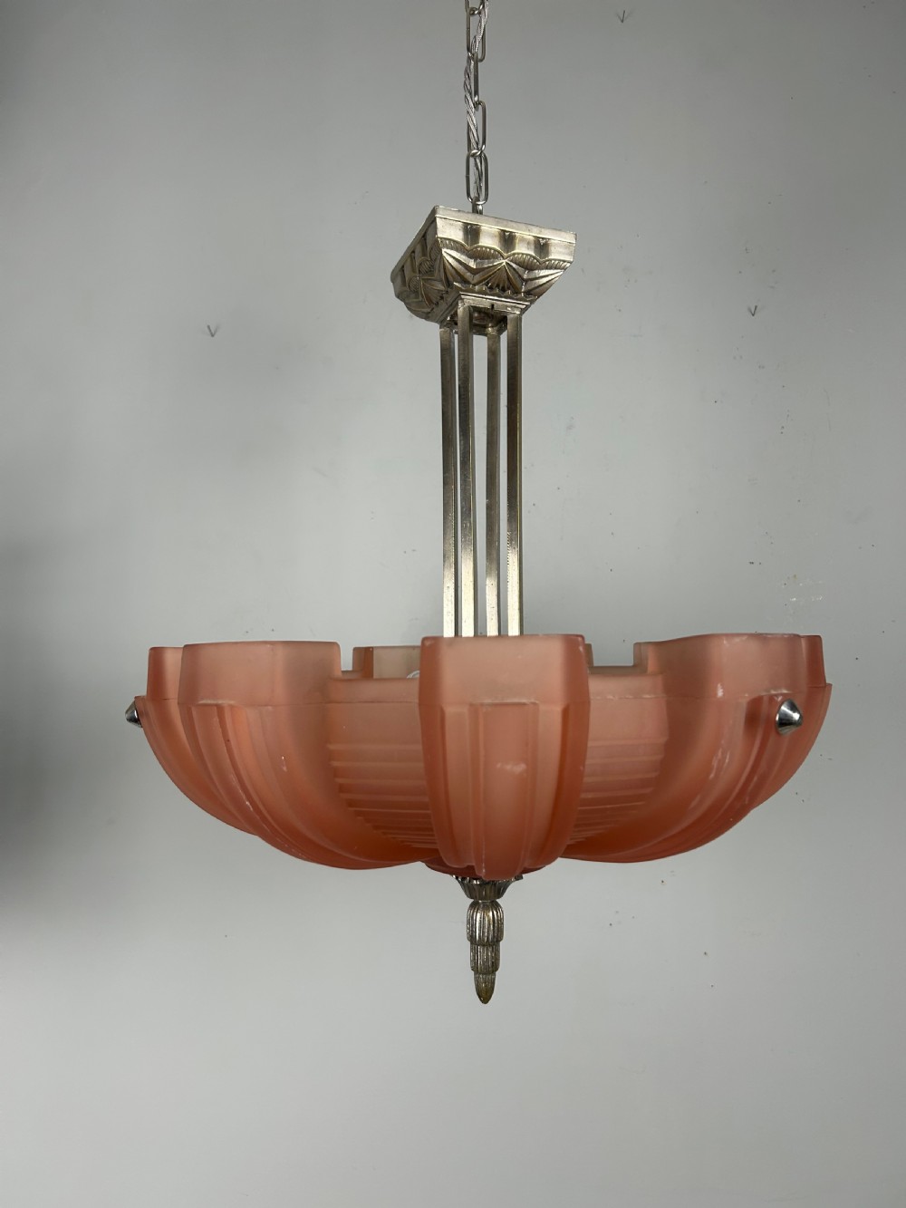 Art Deco Chrome & Glass Chandelier, Ceiling Light 