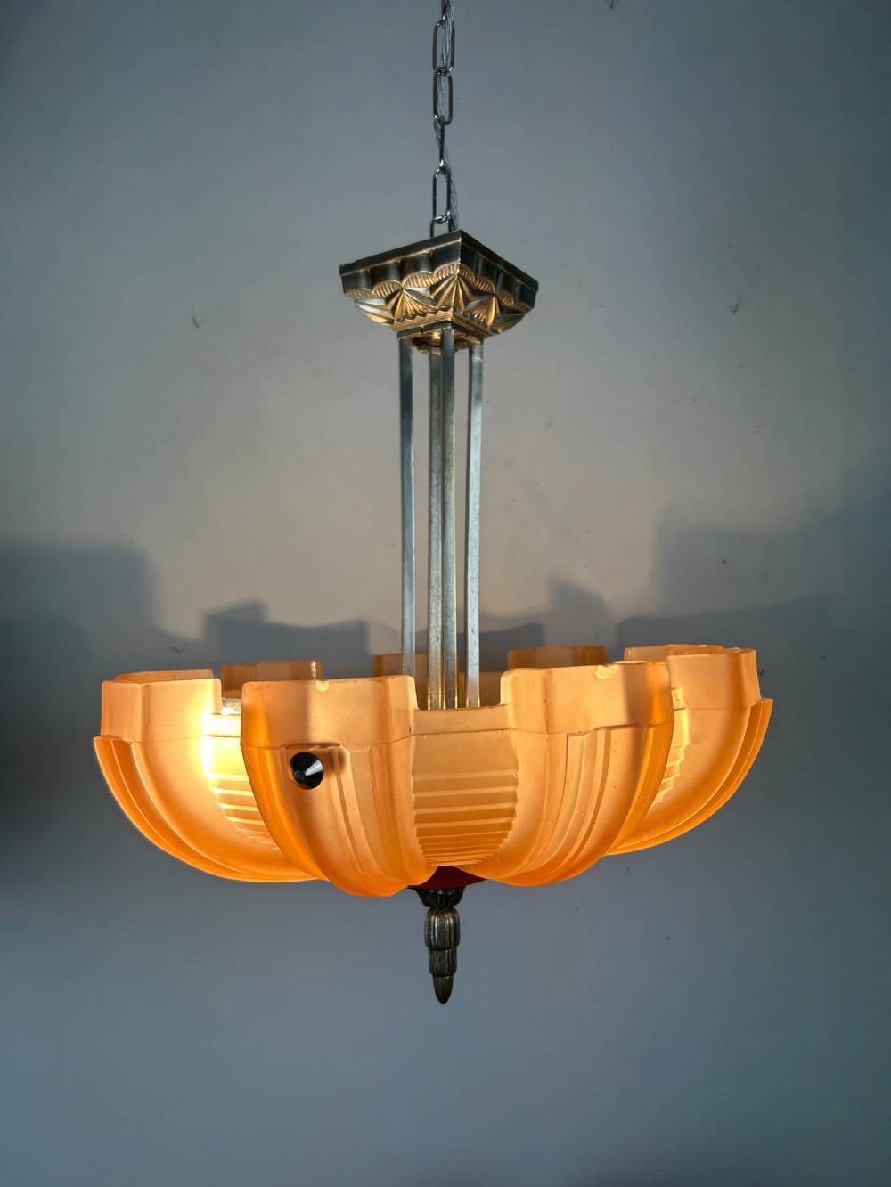 Art Deco Chrome & Glass Chandelier, Ceiling Light  View II