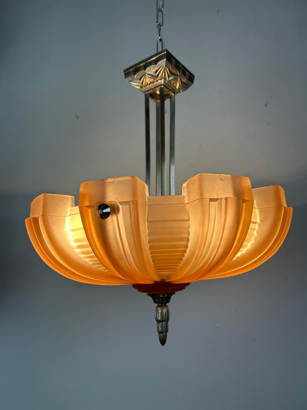 Art Deco Chrome & Glass Chandelier, Ceiling Light  View IV