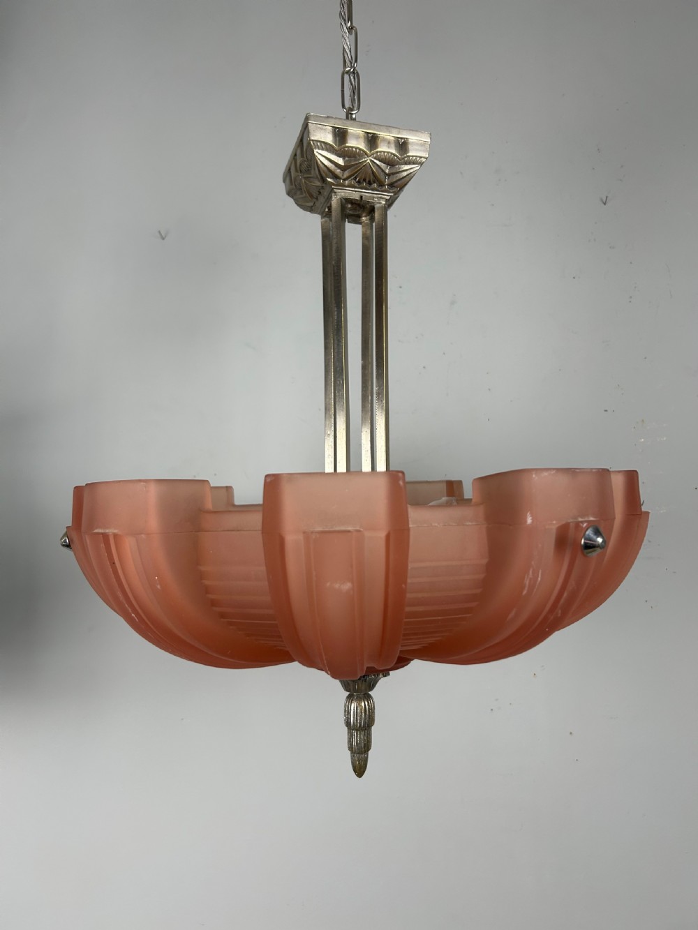 Art Deco Chrome & Glass Chandelier, Ceiling Light  View V