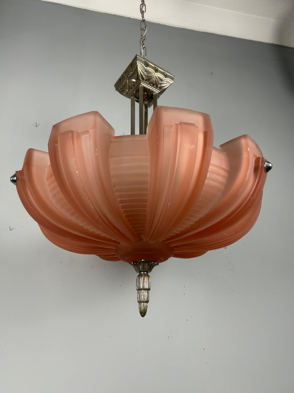 Art Deco Chrome & Glass Chandelier, Ceiling Light  View VIII