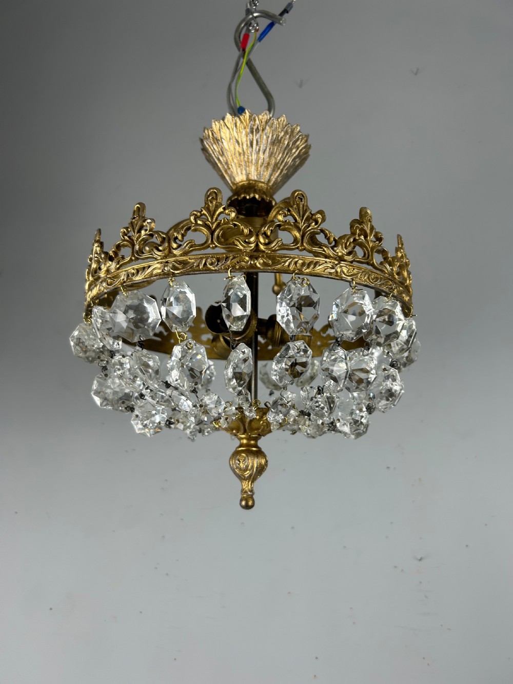French Antique Flush Crystal 3 Light Ceiling Light, Chandelier  View II