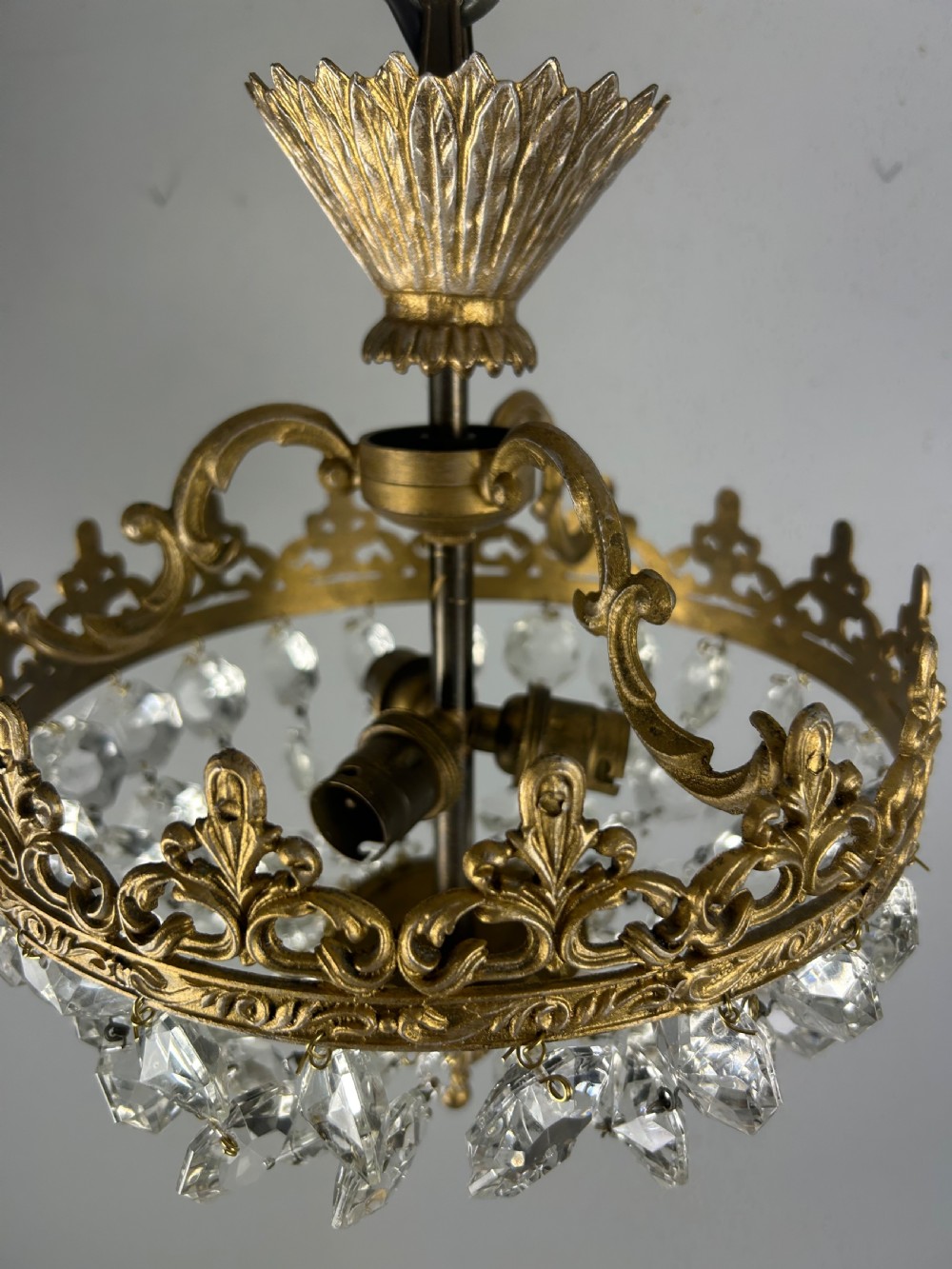 French Antique Flush Crystal 3 Light Ceiling Light, Chandelier  View III