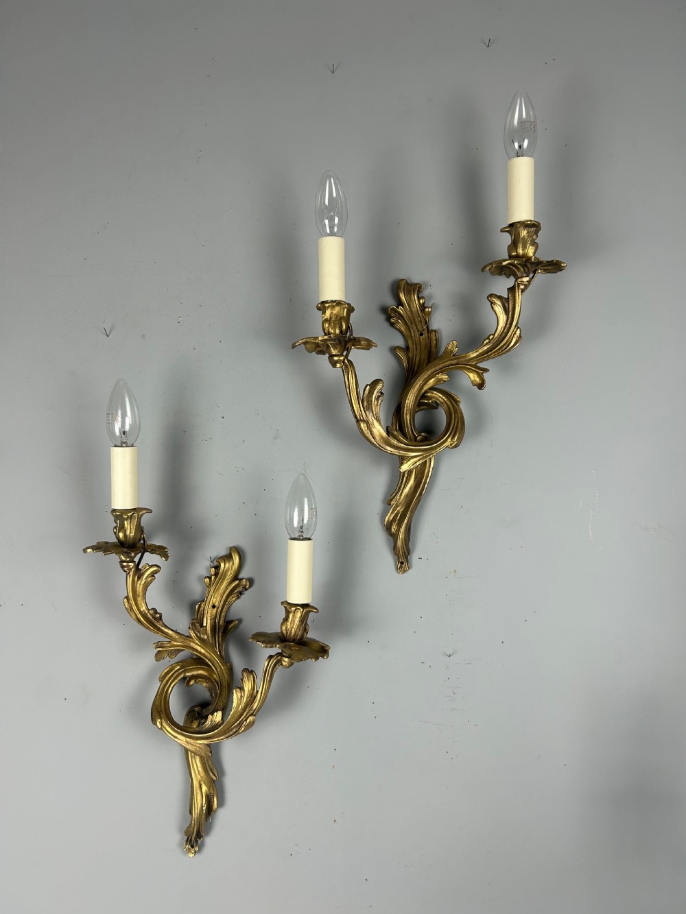 Pair Of French Gilt Brass Rococo Antique Wall Lights