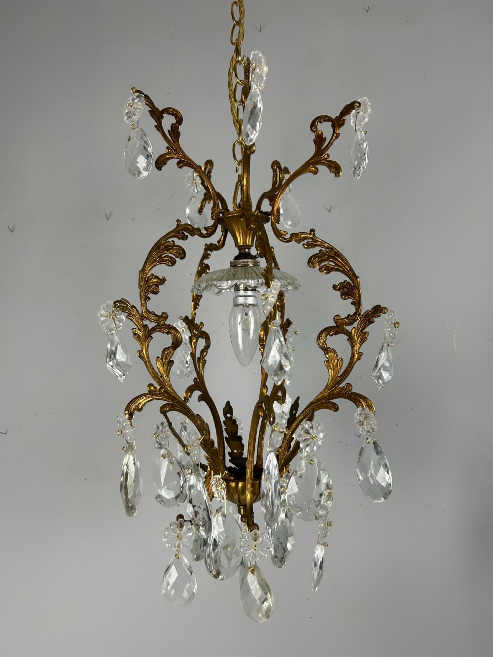 French Single Light Gilt Brass Crystal Antique Chandelier, Ceiling Light