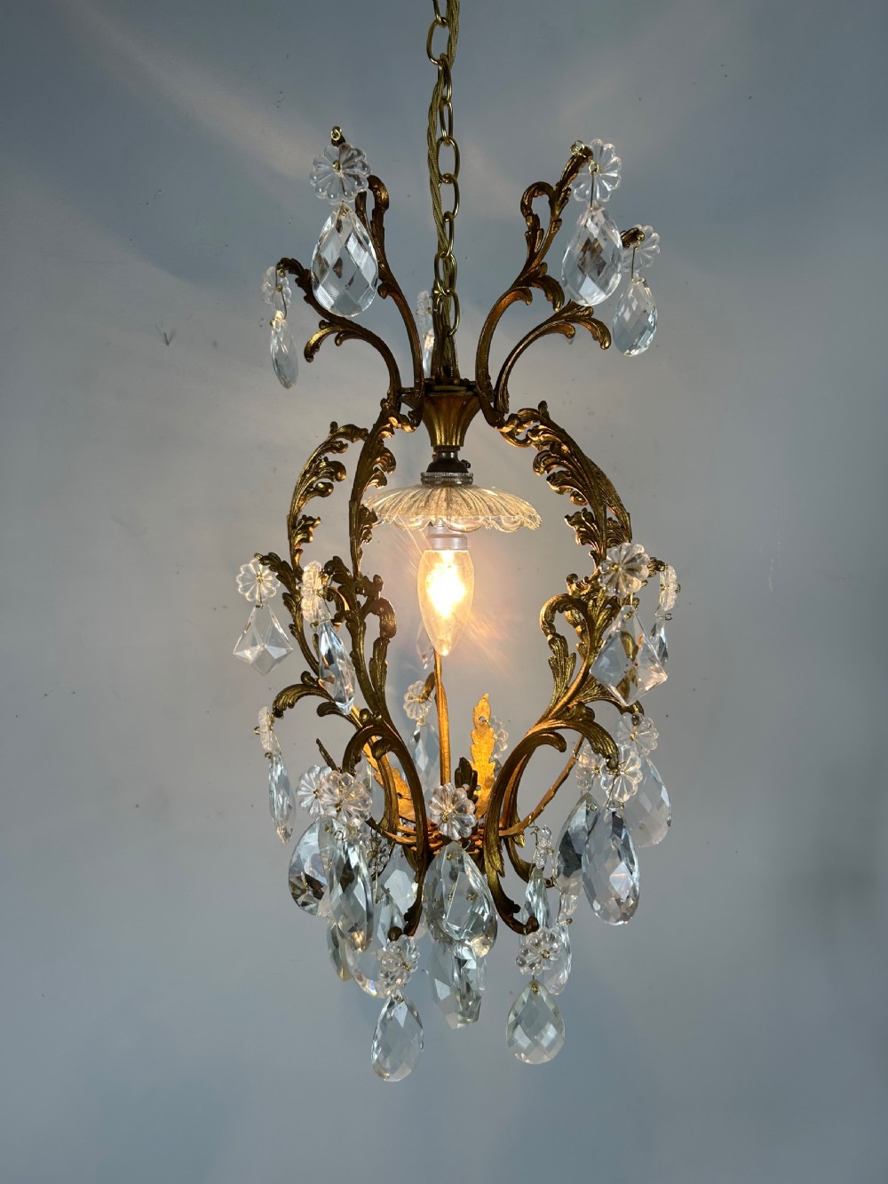 French Single Light Gilt Brass Crystal Antique Chandelier, Ceiling Light View II
