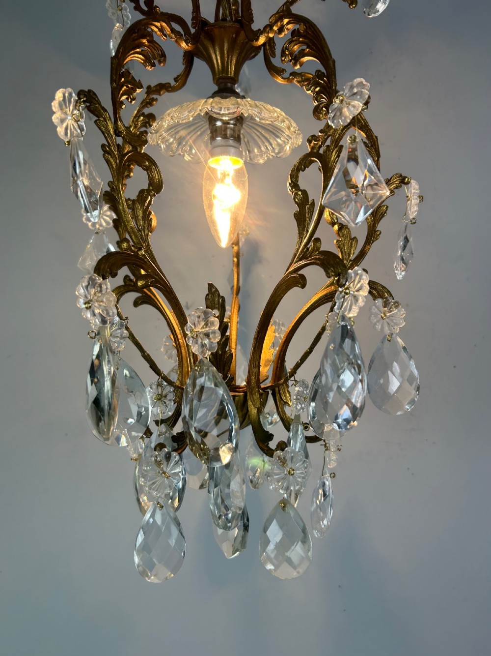 French Single Light Gilt Brass Crystal Antique Chandelier, Ceiling Light View III