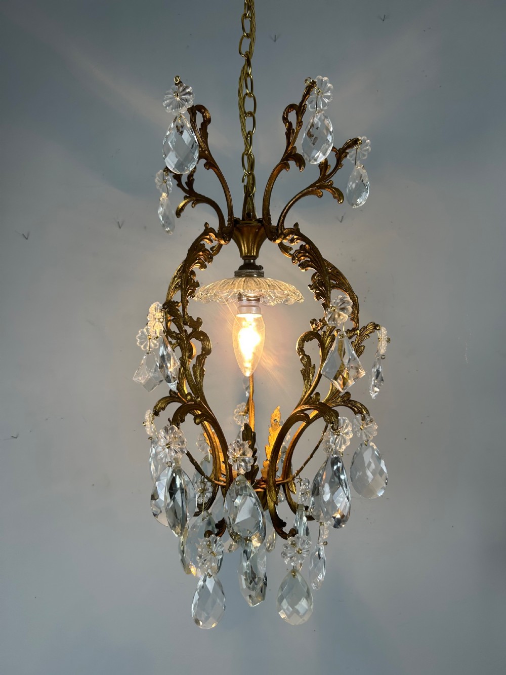 French Single Light Gilt Brass Crystal Antique Chandelier, Ceiling Light View IV