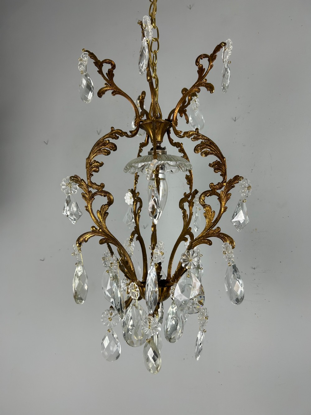 French Single Light Gilt Brass Crystal Antique Chandelier, Ceiling Light View V