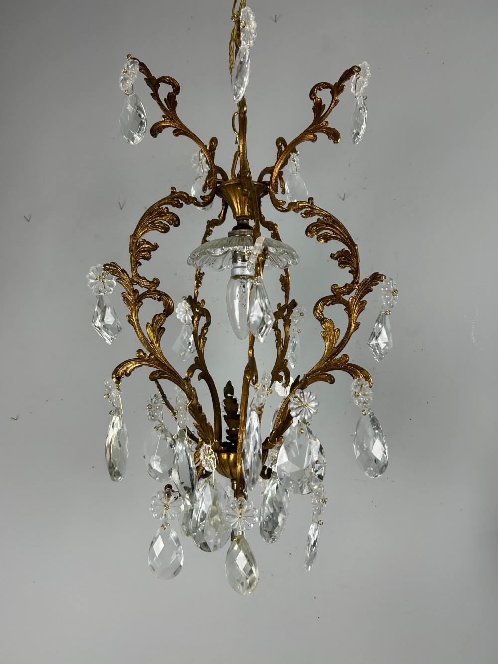 French Single Light Gilt Brass Crystal Antique Chandelier, Ceiling Light View VI