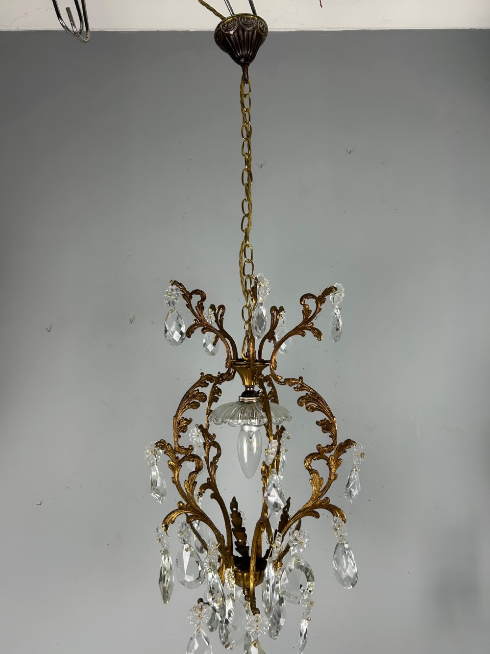 French Single Light Gilt Brass Crystal Antique Chandelier, Ceiling Light View VII
