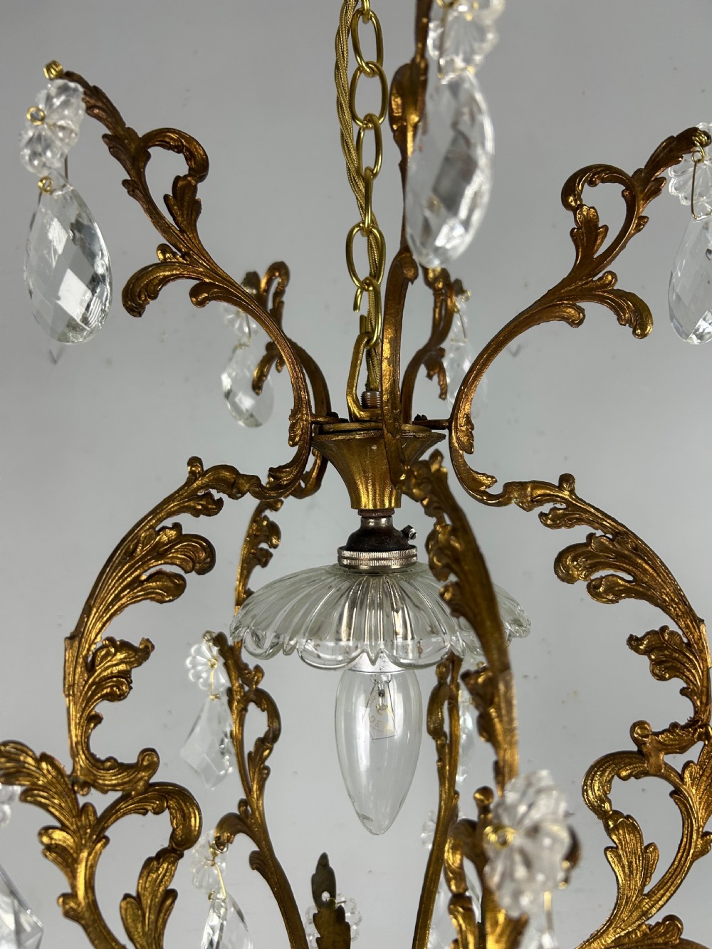 French Single Light Gilt Brass Crystal Antique Chandelier, Ceiling Light View IX