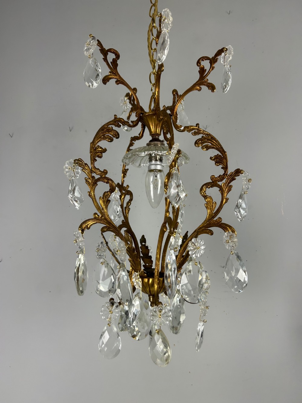 French Single Light Gilt Brass Crystal Antique Chandelier, Ceiling Light View X