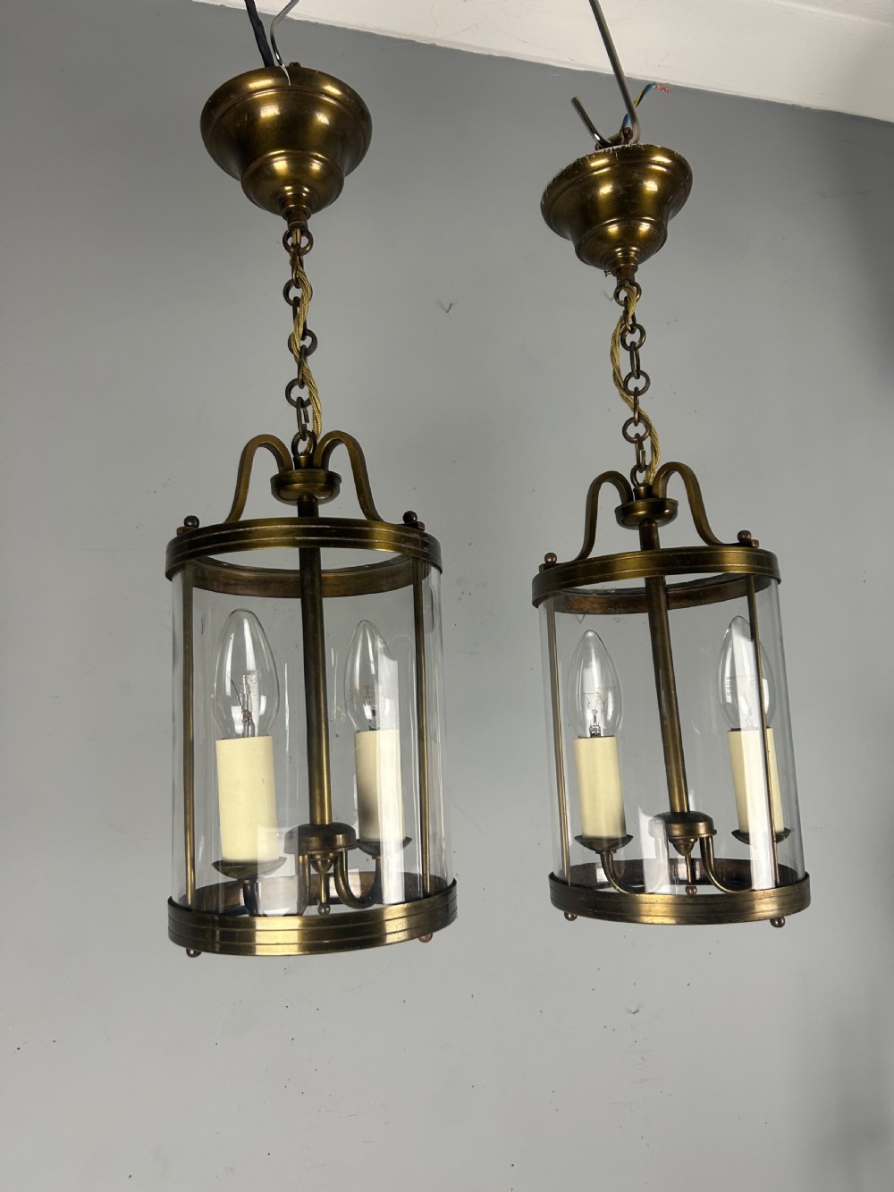 Pair of Small French Bronzed Brass Lanterns, Rewired  View II