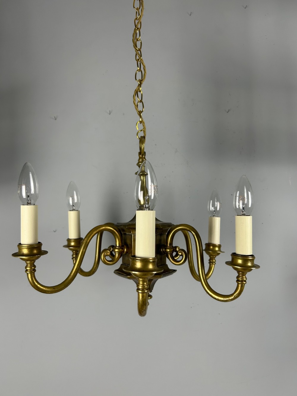 English Aged Brass 6 Arm Chandelier, Rewired 