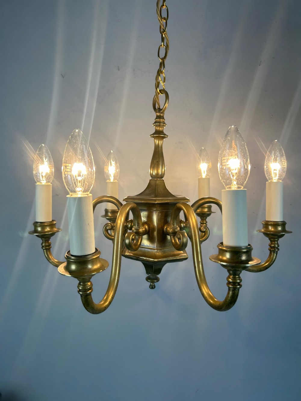 English Aged Brass 6 Arm Chandelier, Rewired  View II