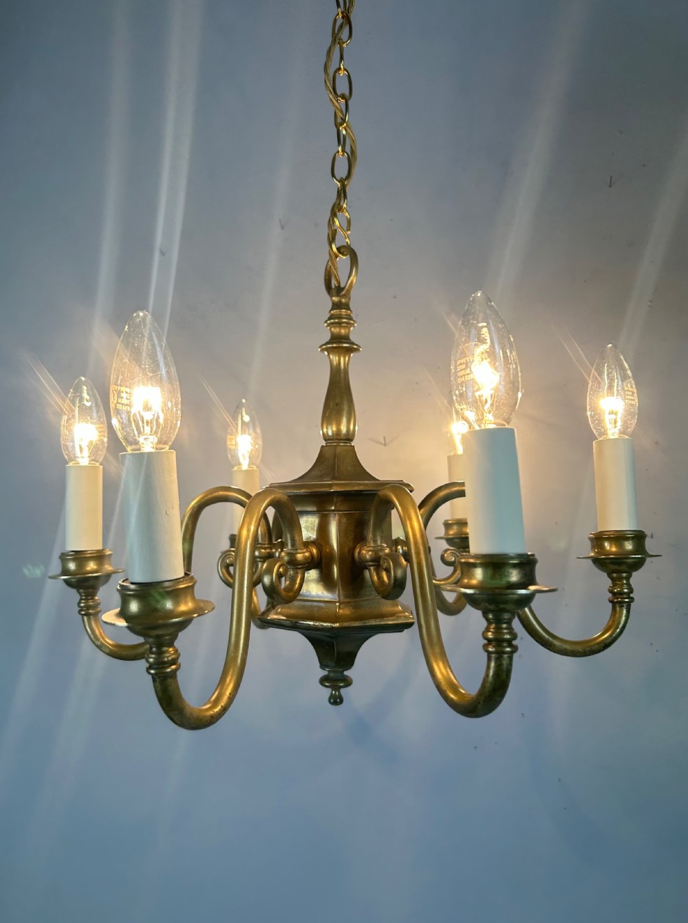 English Aged Brass 6 Arm Chandelier, Rewired  View IV