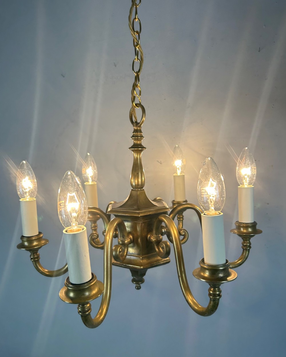 English Aged Brass 6 Arm Chandelier, Rewired  View V