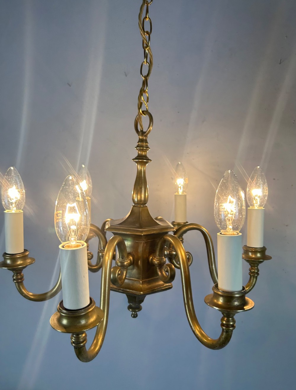 English Aged Brass 6 Arm Chandelier, Rewired  View VI