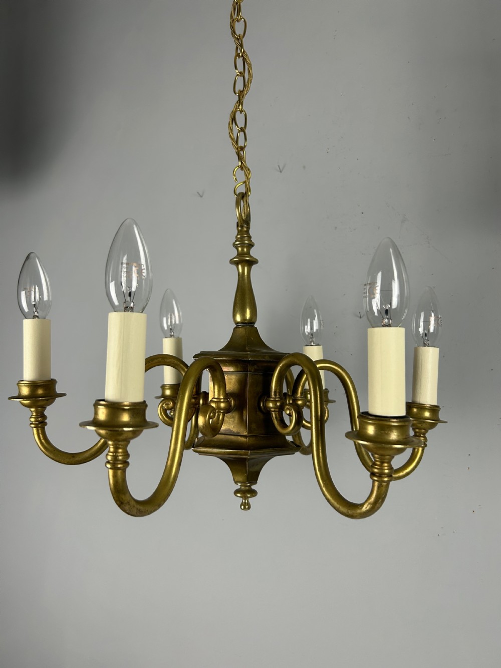 English Aged Brass 6 Arm Chandelier, Rewired  View VIII