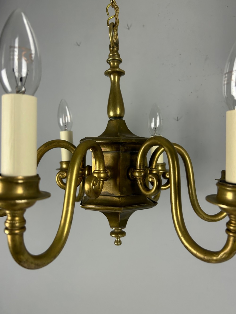 English Aged Brass 6 Arm Chandelier, Rewired  View X