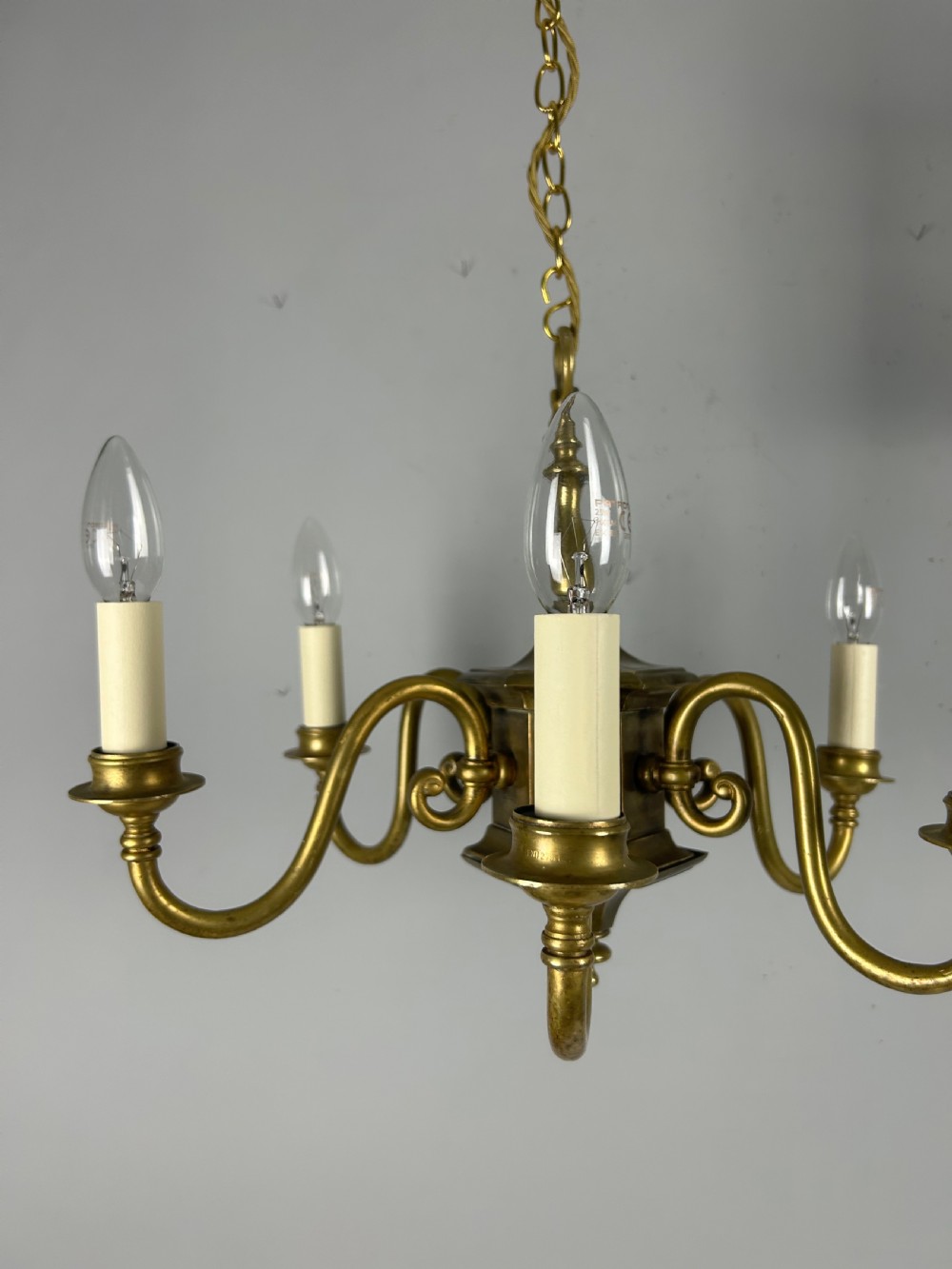 English Aged Brass 6 Arm Chandelier, Rewired  View XI