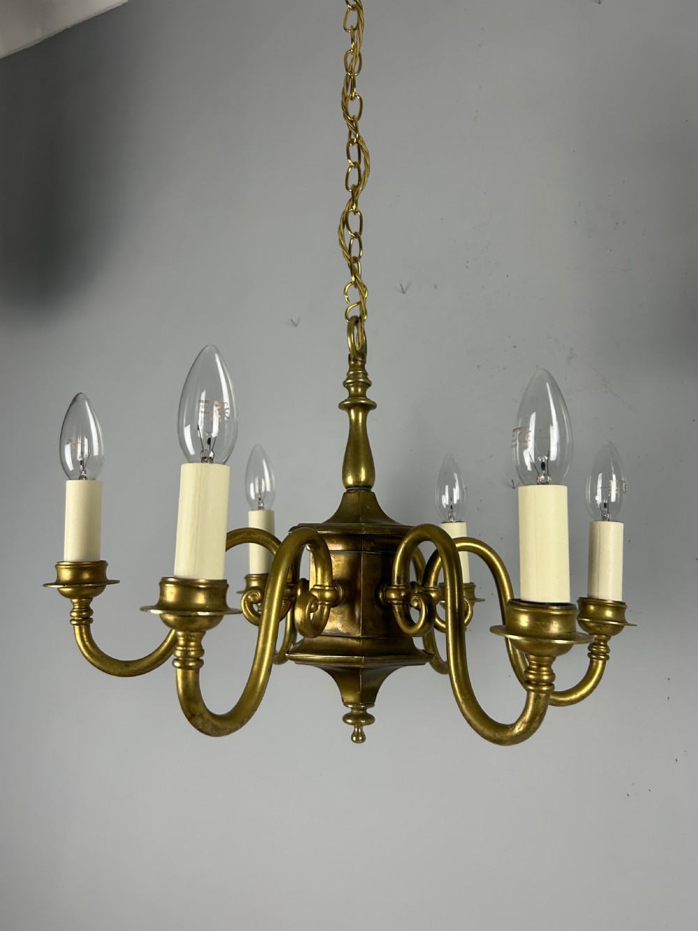 English Aged Brass 6 Arm Chandelier, Rewired  View XII