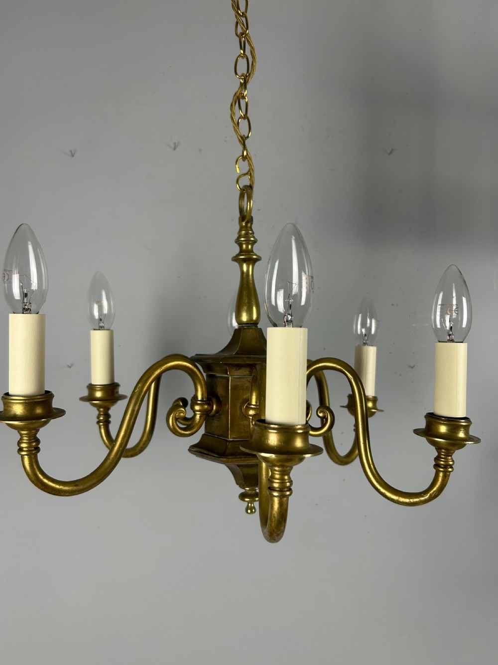 English Aged Brass 6 Arm Chandelier, Rewired  View XIII